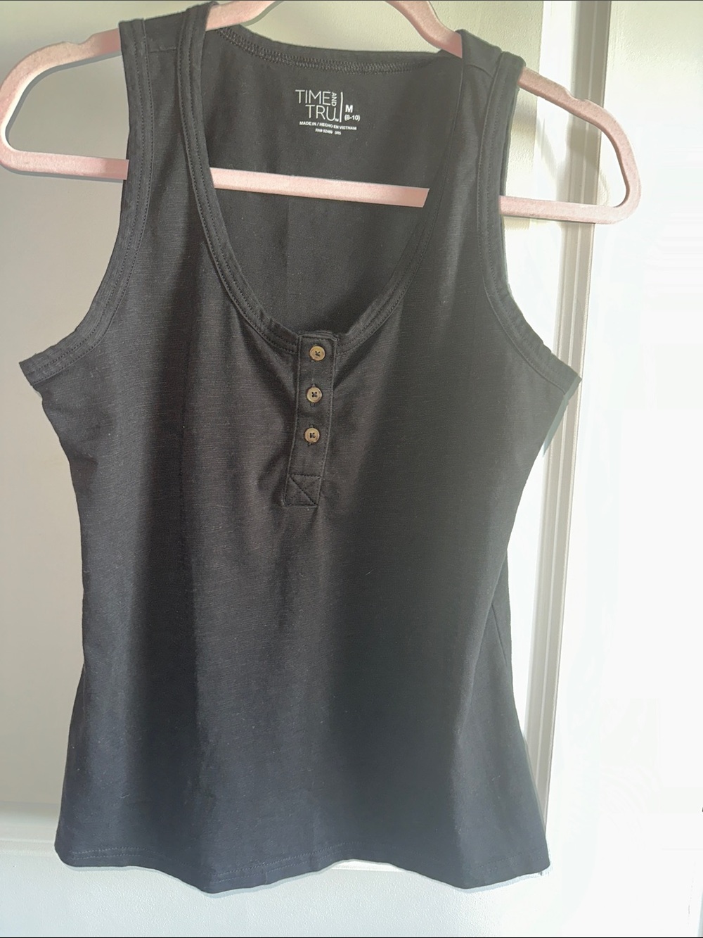 Time and Tru Black Ribbed Henley Tank with Button Placket